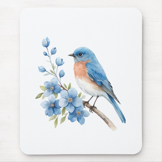 Mousepad Pássaro azul com flores azuis (Frente)