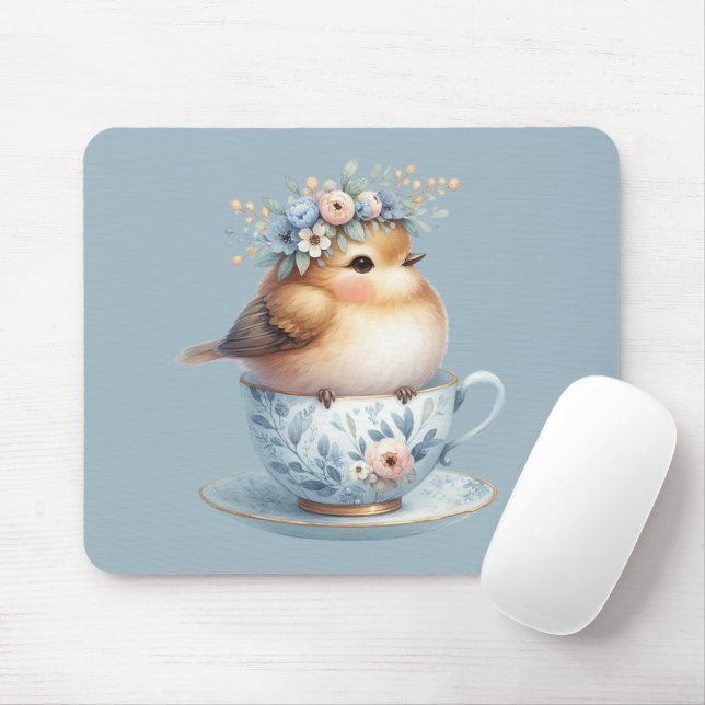 Mousepad Pássaro Azul Cugado com Coroa Floral em Teacup (Com mouse)
