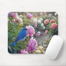Mousepad Pássaro Azul em uma Peônia Rosa
