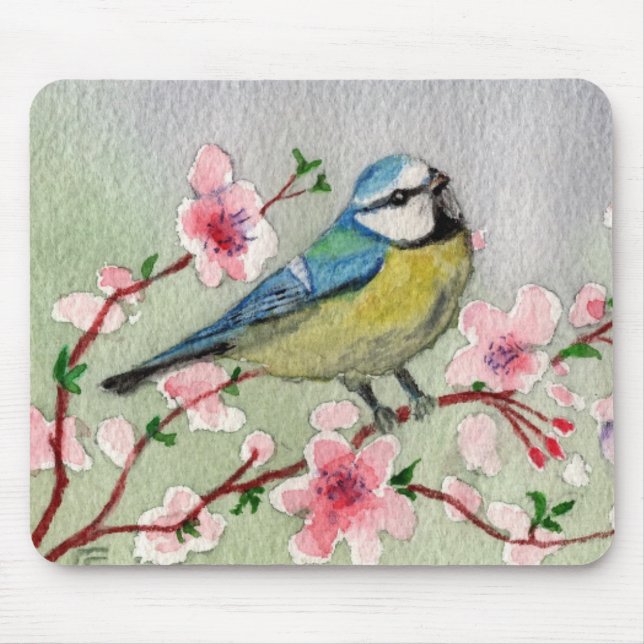Mousepad Pássaro azul na árvore de flores (Frente)