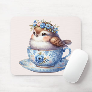 Mousepad Pássaro Bonito na Teacup Floral Cottagecore Art