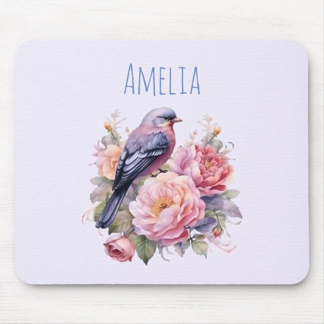 Mousepad Pássaro Cantando em Cima de Peônias Rosas (Frente)