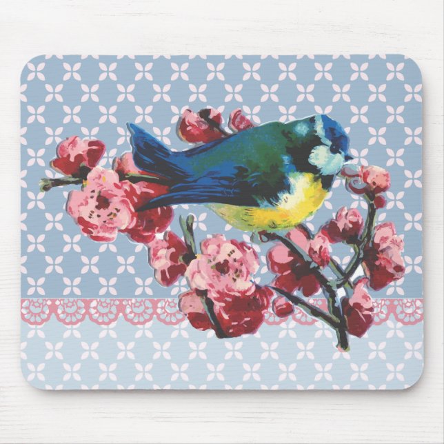 Mousepad Pássaro e flor de cerejeira azuis (Frente)