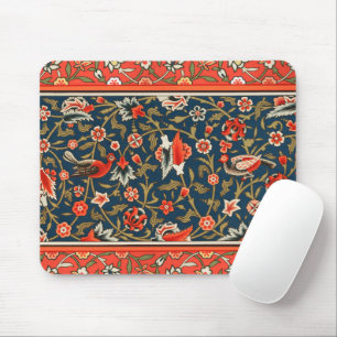 Mousepad Pássaro e Flor Padrão Vermelho Azul Persa