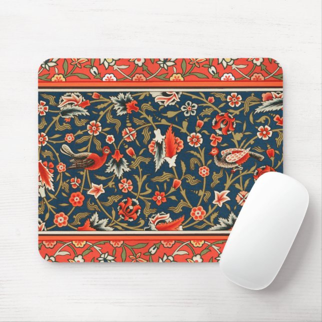 Mousepad Pássaro e Flor Padrão Vermelho Azul Persa (Com mouse)