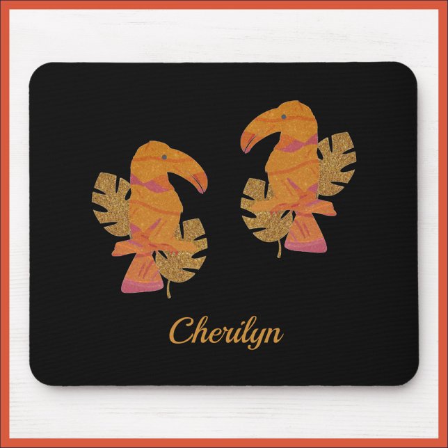 Mousepad Pássaro Tônico Tropical bonito, Rosa e Dourado, co (Criador carregado)