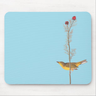 Mousepad Pássaro Warbler Hooded de Audubon na Flor Vermelh