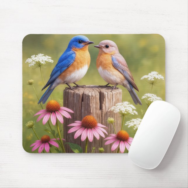 Mousepad Pássaros Azuis em uma Estaca de Cerca (Com mouse)