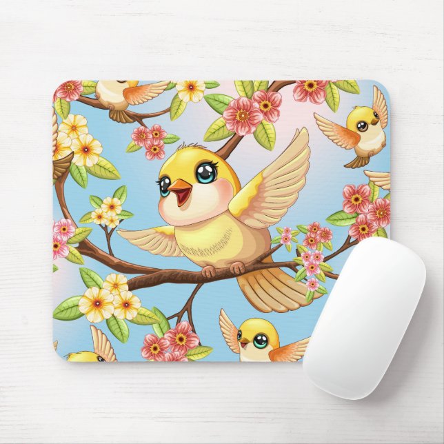 Mousepad Pássaros bonitos e felizes entre as flores da prim (Com mouse)
