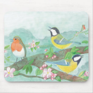 Mousepad Pássaros cantando em um galho de árvore floresce