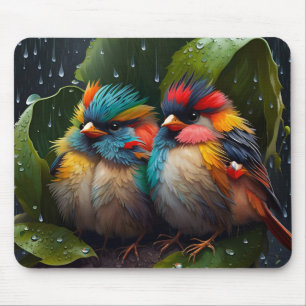 Mousepad Pássaros Coloridos Fluffy Adoráveis na chuva