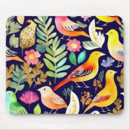 Mousepad Pássaros coloridos padrão floral decor azul
