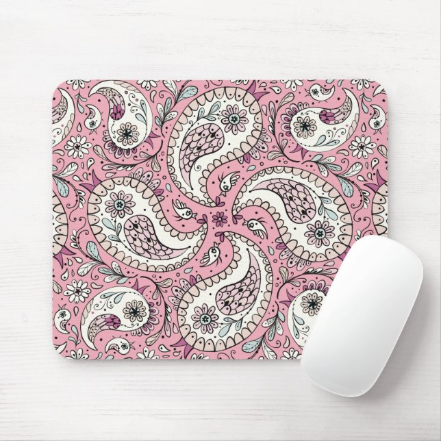Mousepad Pássaros da Paisley em rosa-bebê (Com mouse)