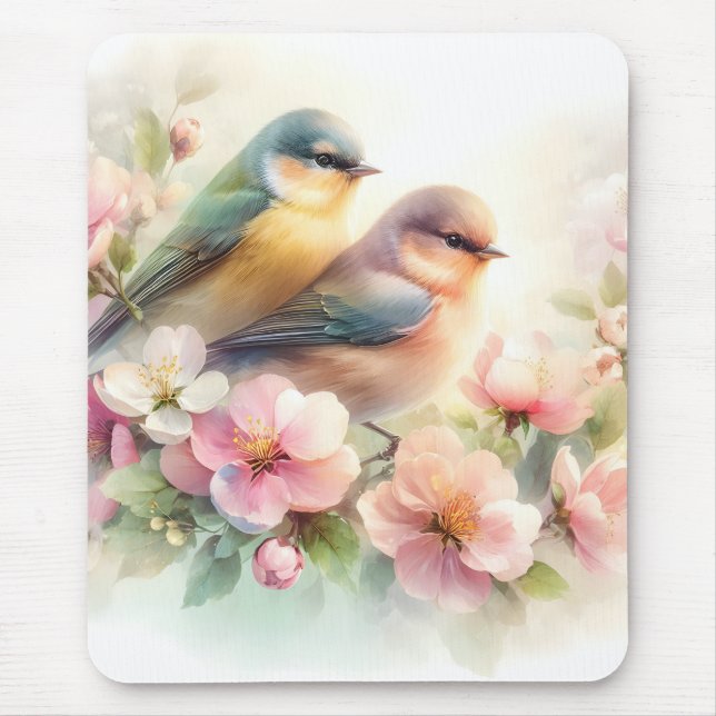Mousepad Pássaros de Amor Doce Flor de Cerejeira Pastel Pri (Frente)