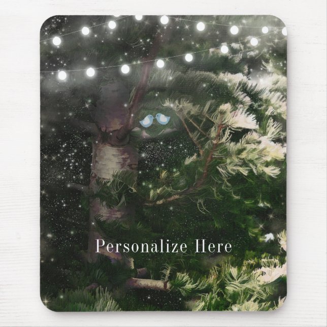 Mousepad Pássaros De Amor + Pinheiros, Noite De Árvore, Per (Frente)