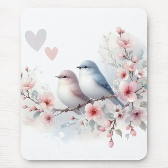 Mousepad Pássaros de Amor Romântico no Ramo de Flor de Cere (Frente)