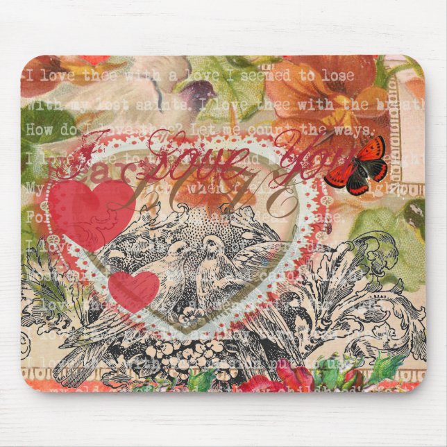 Mousepad Pássaros do Amor Coração Vermelho Colagem de Arte (Frente)