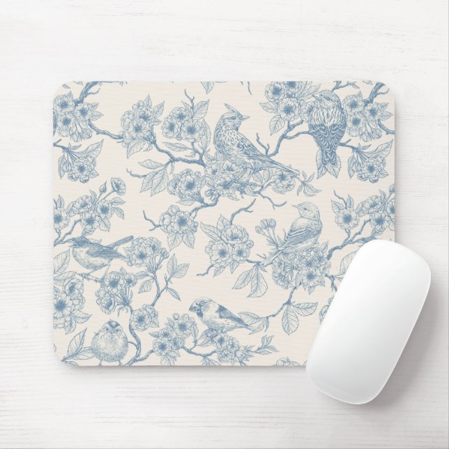 Mousepad Pássaros e flor de cerejeira em azul e branco esma (Com mouse)