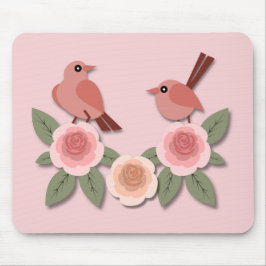 Mousepad Pássaros e Rosas de flores, cor-de-rosa,