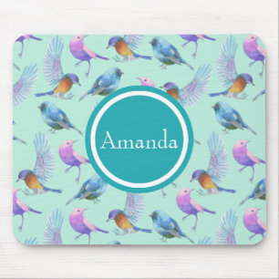Mousepad Pássaros Exóticos Selvagens Padrão de Aquarela 