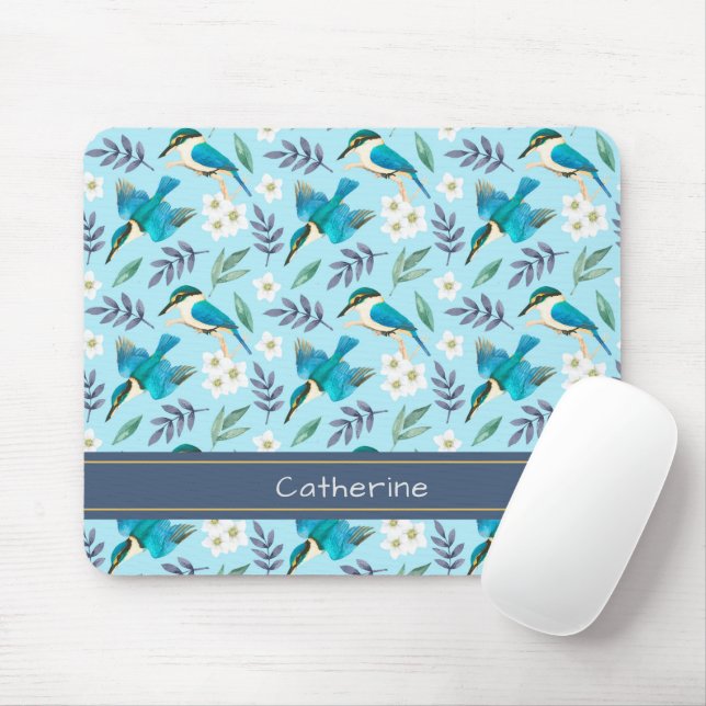 Mousepad Pássaros Kingfisher Cachorros Padrão Floral Nome A (Com mouse)