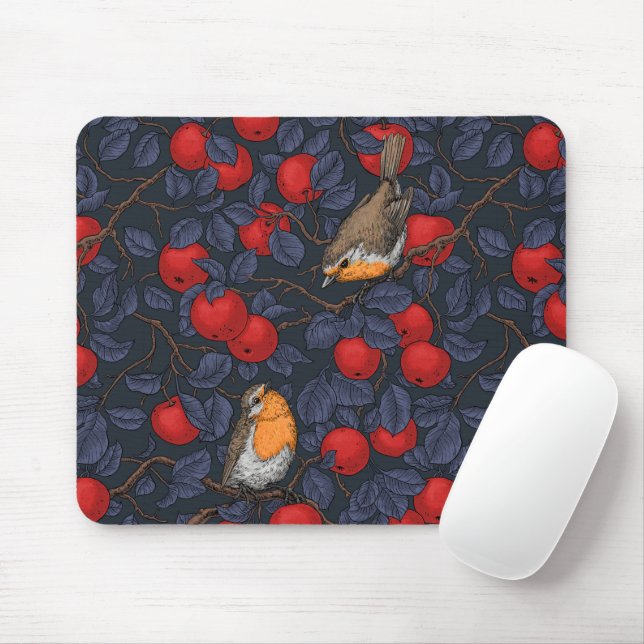 Mousepad Pássaros na macieira/azul e vermelho  (Com mouse)