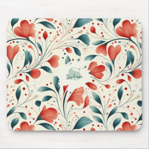 Mousepad Pasta Azul Whimsical e Padrão Floral Vermelho