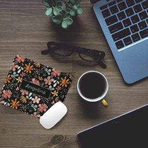 Mousepad Pasta de rato preto, botânico, cor-de-água, rosa-p
