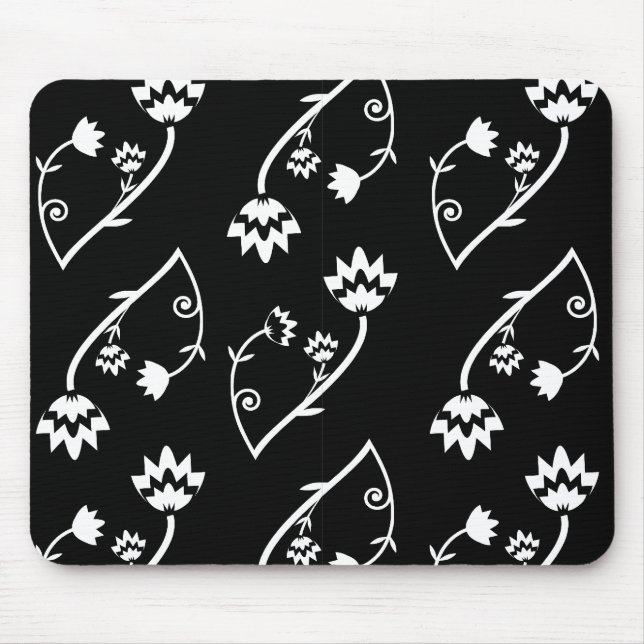 Mousepad Pasta do mouse das flores brancas pretas retrorref (Frente)