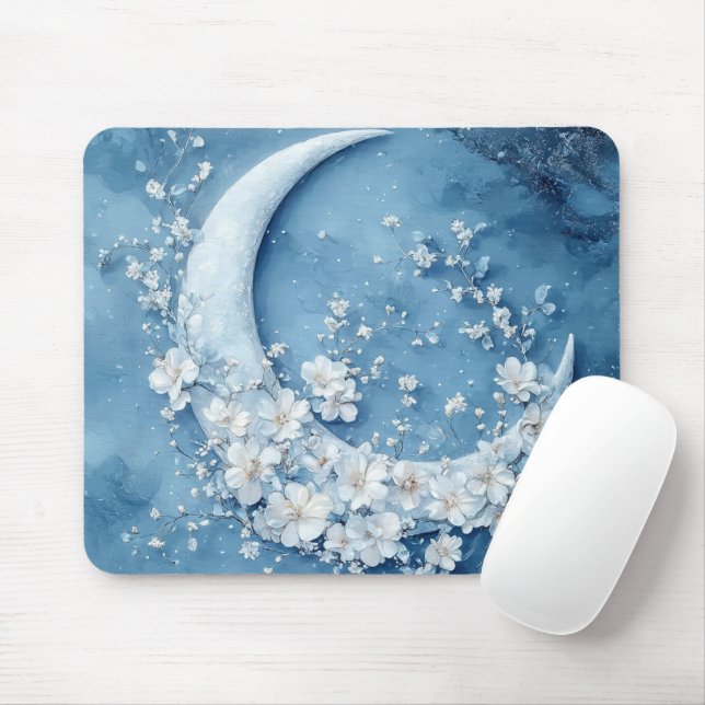 MOUSEPAD PASTEL BLUE CRESCENT MOON WITH WHITE FLOWERS (Com mouse)