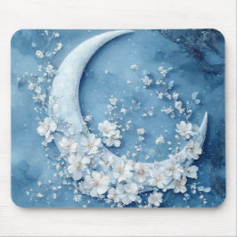 MOUSEPAD PASTEL BLUE CRESCENT MOON WITH WHITE FLOWERS
