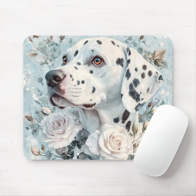 MOUSEPAD PASTEL BLUE & WHITE FLOWERS WITH DALMATIAN DOG (Com mouse)