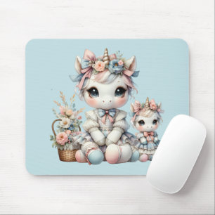 Mousepad Pastel Kawaii Unicorn Mãe Filha Duo Azul