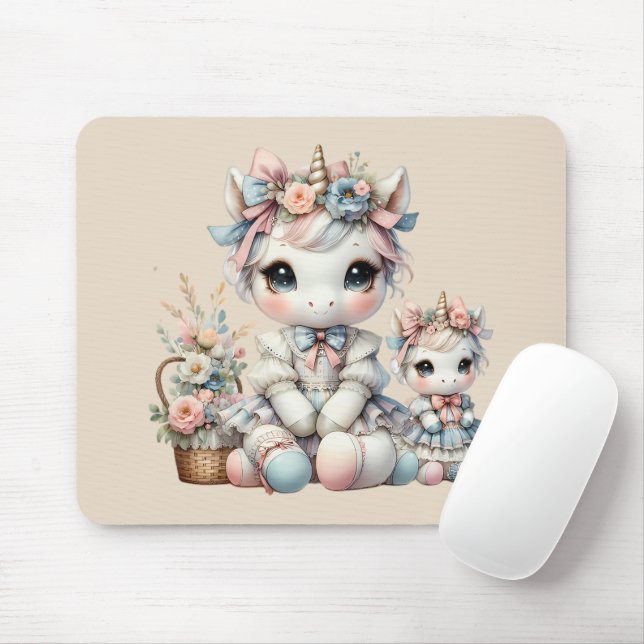 Mousepad Pastel Kawaii Unicorn Mãe Filha Duo Beige (Com mouse)