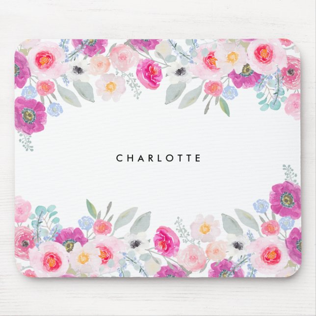 Mousepad Pastel Pink e Púrpura Watercolor Floral (Frente)