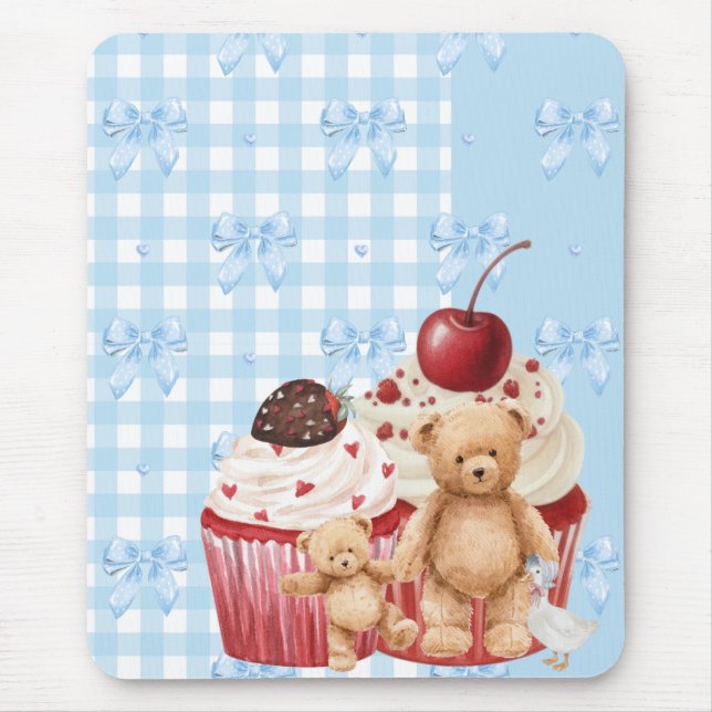 Mousepad pastel "teddy bear" cupcake kawaii gingham ribbon  (Frente)