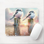 Mousepad Pastel Watercolor Birds Fencepost Sunset<br><div class="desc">Soft watercolor brushwork captures two fluffy songbirds resting on weathered fence posts as a glowing sunset spreads across a dreamy countryside sky. Gentle washes of peach, blush pink, pale blue, and warm gold blend into a tranquil horizon, creating a calm pastoral atmosphere. The birds appear round and feathery, their delicate...</div>