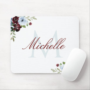 Mousepad pastilha de rato de monograma floral, azul e empoe