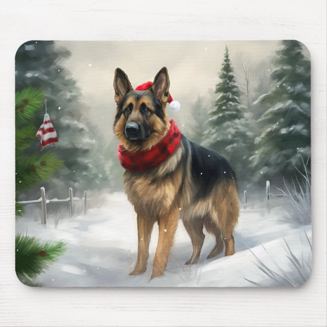 Mousepad Pastor Alemão na neve no Natal (Frente)