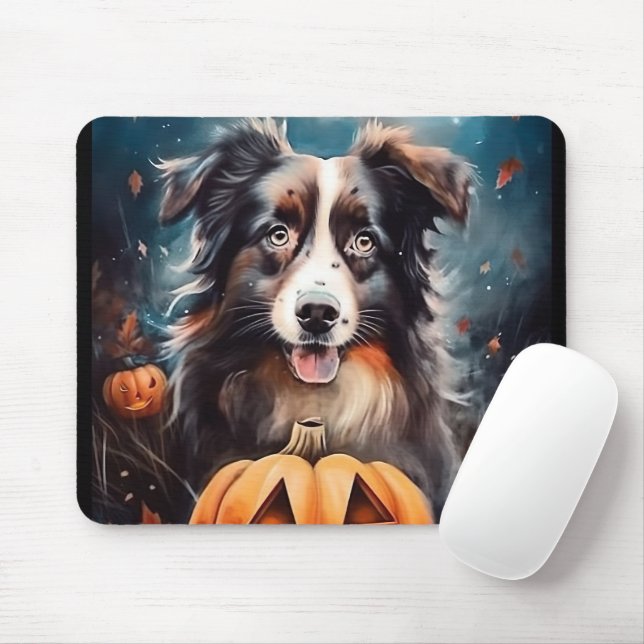 Mousepad Pastor Australiano Halloween Com Pumpkins Assustad (Com mouse)