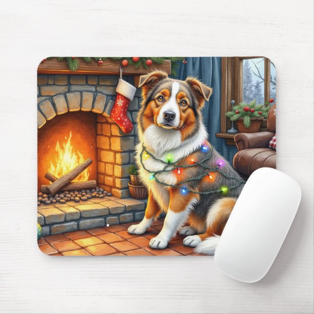 Mousepad Pastor Australiano lareira com luz de Natal (Com mouse)
