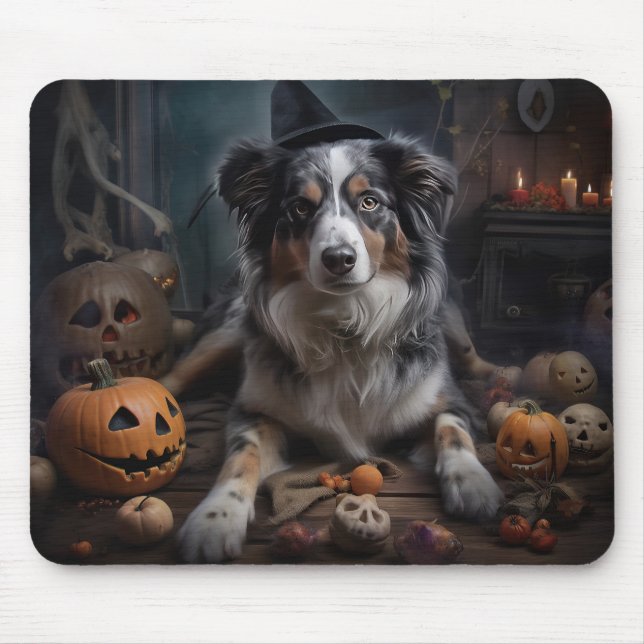 Mousepad Pastor australiano Pumpkins Halloween Assustado (Frente)