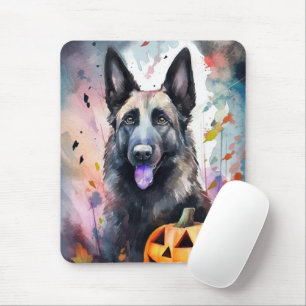Mousepad Pastor Belga Halloween Com Pumpkins Assustado