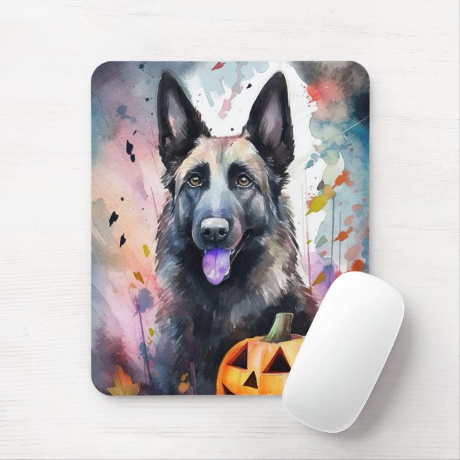 Mousepad Pastor Belga Halloween Com Pumpkins Assustado (Com mouse)