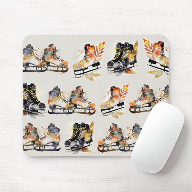 Mousepad Patins de gelo aquarela com padrão de folhas de ou (Com mouse)