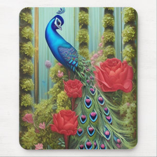 Mousepad Pavão Azul no Rosa e Jardim Fern