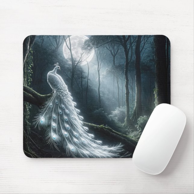 Mousepad Pavão Branco Na Floresta Lua (Com mouse)
