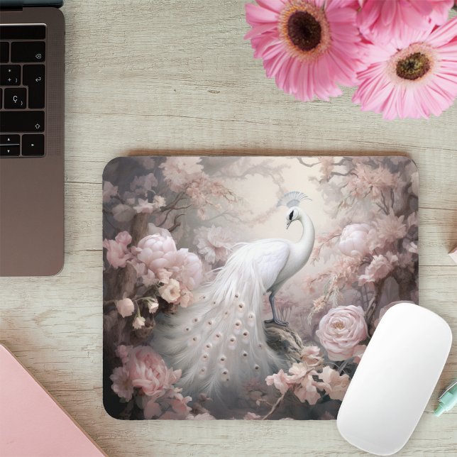 Mousepad Pavão branco romântico e flores cor-de-rosa esmaga (Criador carregado)