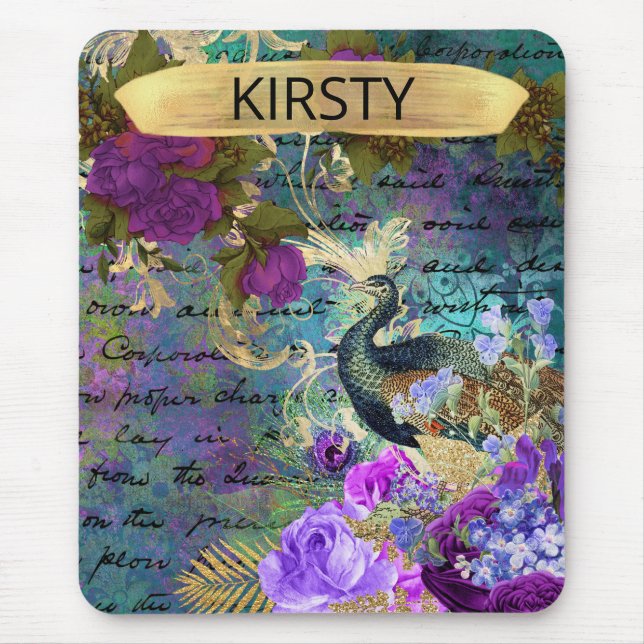 Mousepad Pavão e Flores Ilustrados Antigos Grunge (Frente)