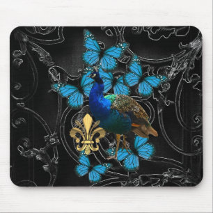 Mousepad Pavão elegante e borboletas azuis no preto